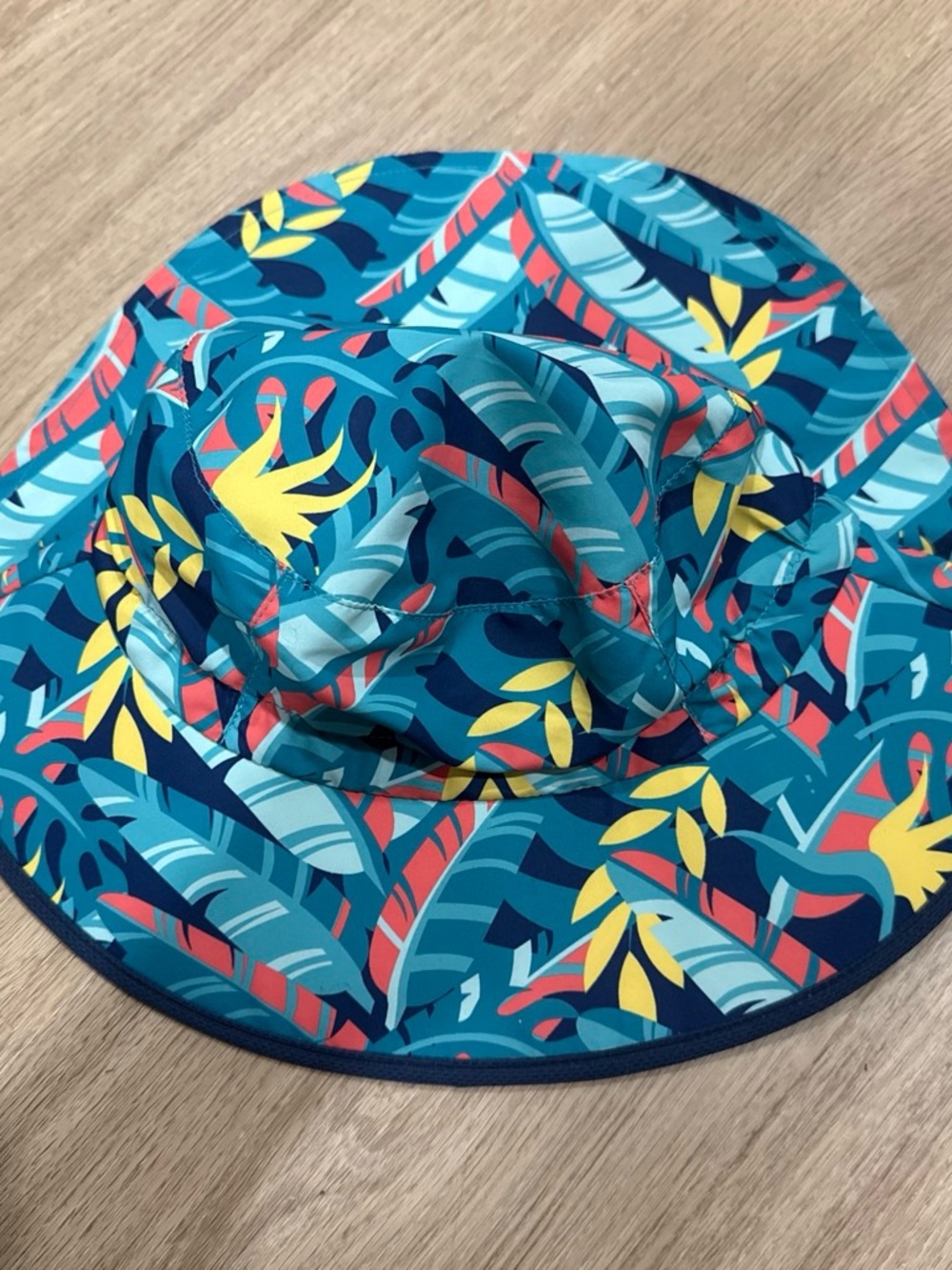 next Kids Blue Tropical Print Sun Hat with Yellow & Coral Accents